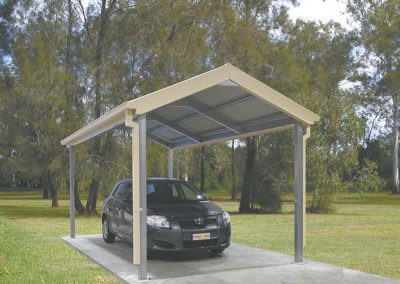This image shows a vehicle protected under an Aussie Made Sheds carport.